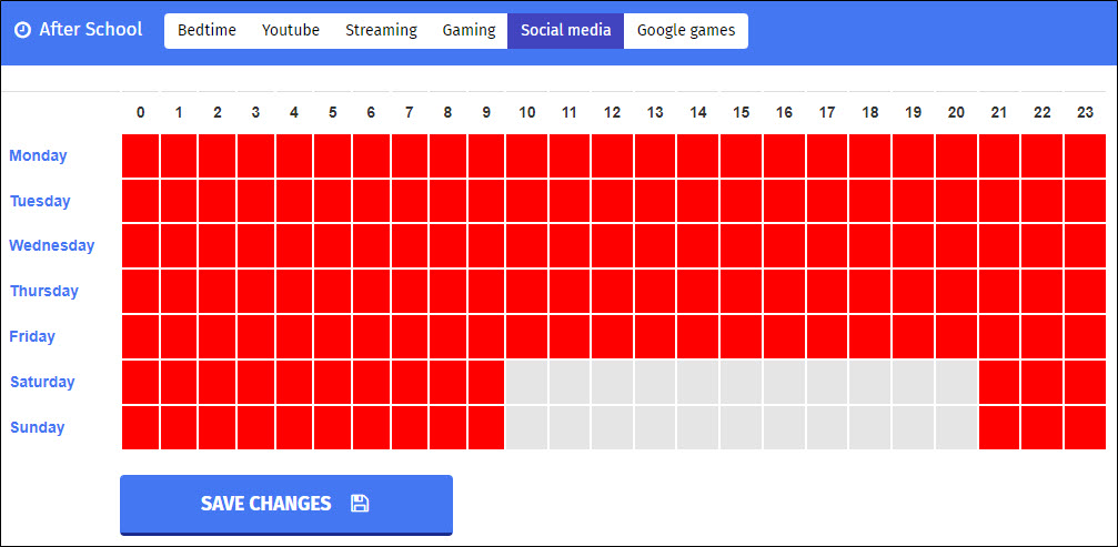 Access Time Control Filter Screen - Social Media Tab