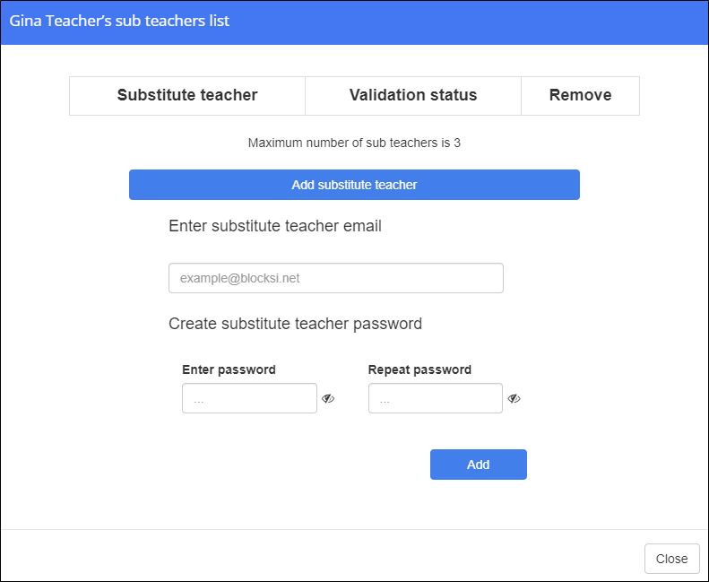 Add Substitute Teacher Window -­ Add Teacher