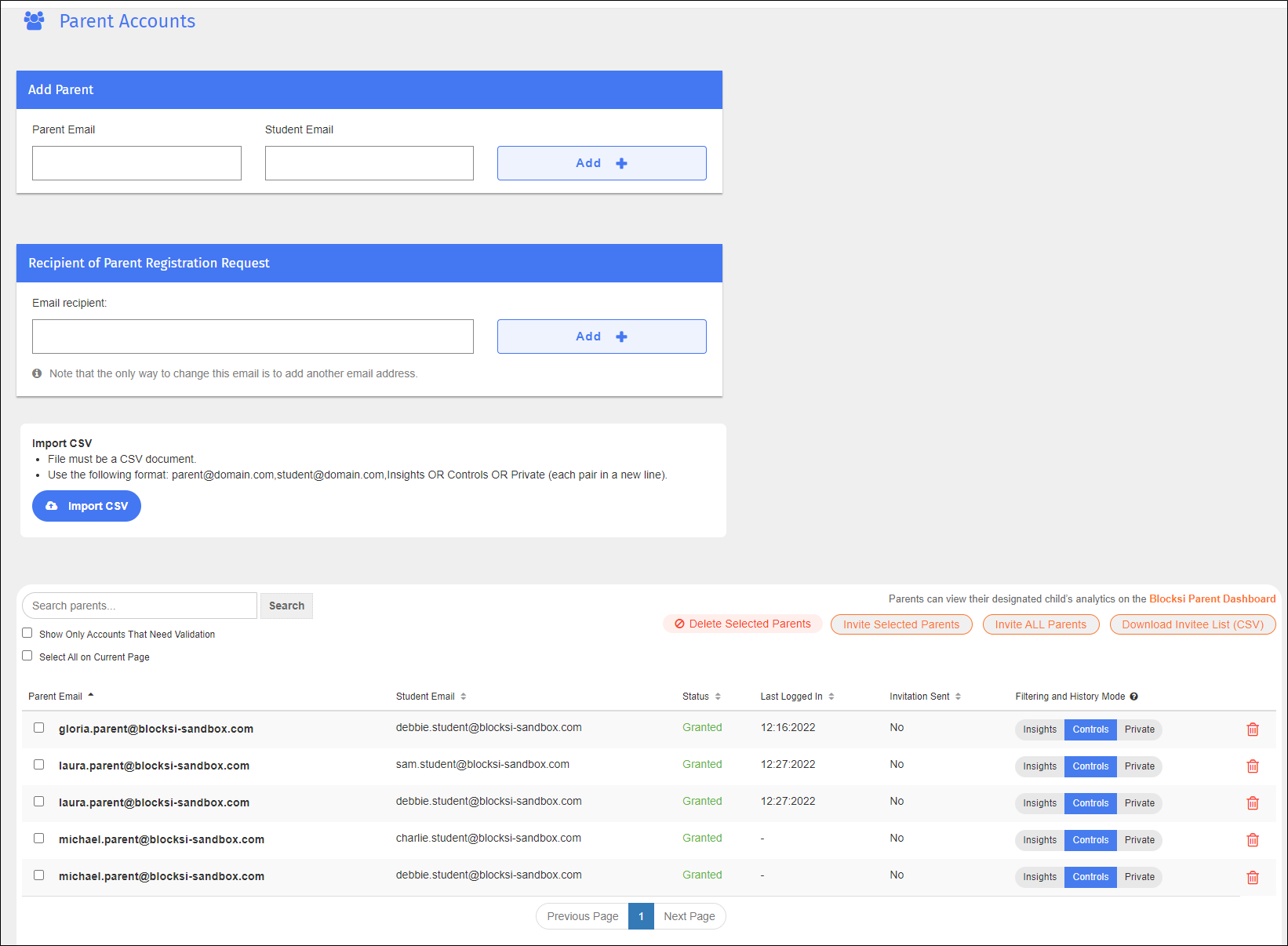 Parent Account Settings Screen