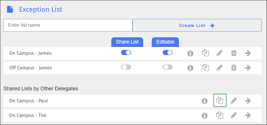 Exception List Screen - Duplicate Shared List Icon