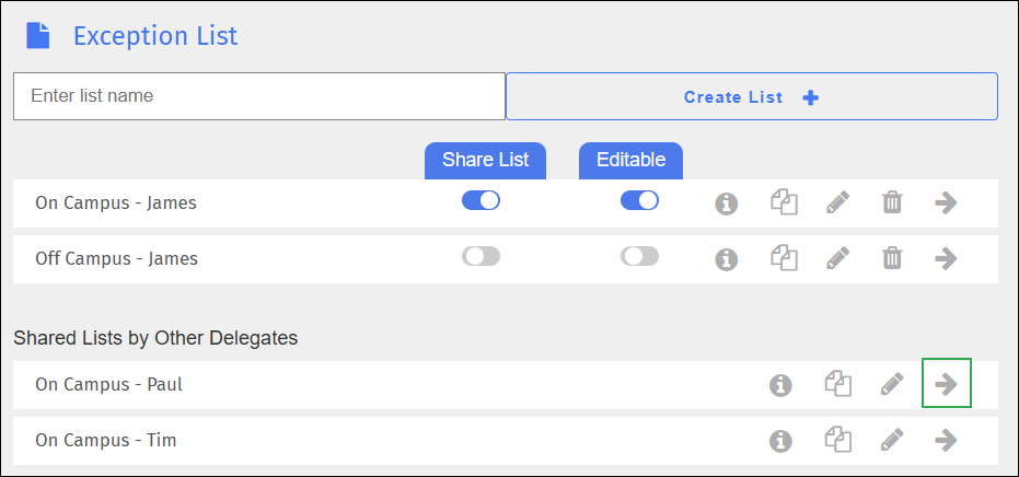 Exception List Screen - Export Shared List Icon