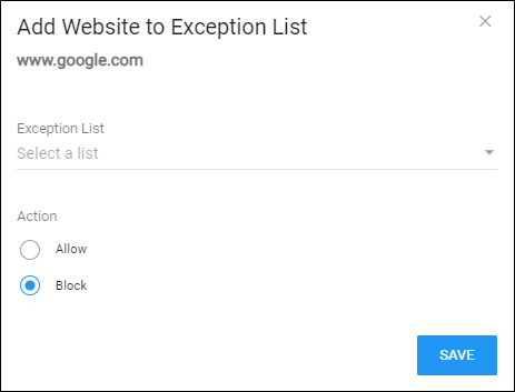 Add Website to Exception List Window