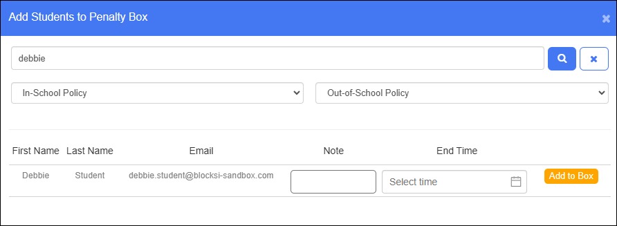 Add Students to Penalty Box Window -­ Select Policies