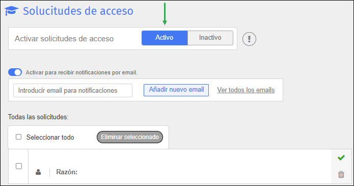 Pantalla de solicitudes de acceso: Activar solicitudes de acceso