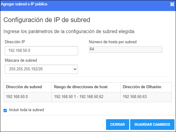 Ventana Agregar subred o IP pública - Con datos