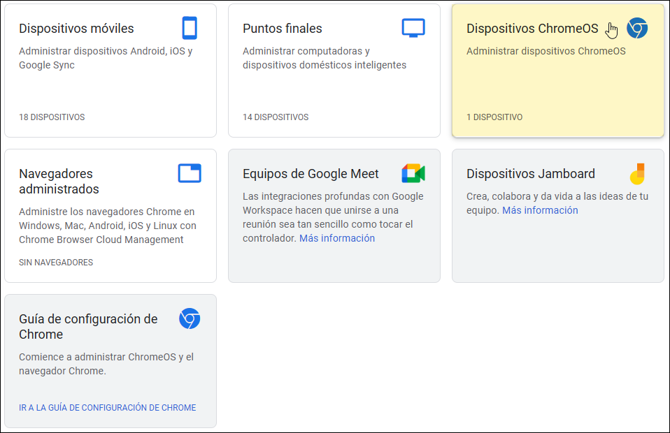 Consola de administración de Google: seleccionar dispositivos ChromeOS