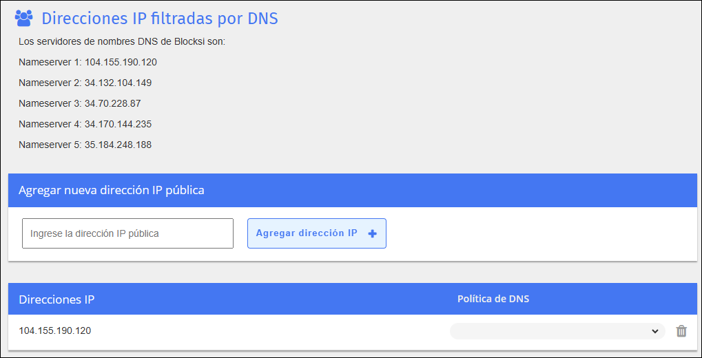 Pantalla de creación de direcciones IP filtradas por DNS