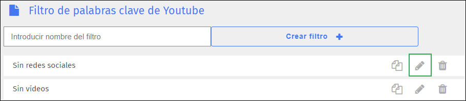 Pantalla de filtro de palabras clave de YouTube: icono de edición