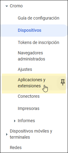 Consola de administración de Google: seleccione Aplicaciones y extensiones