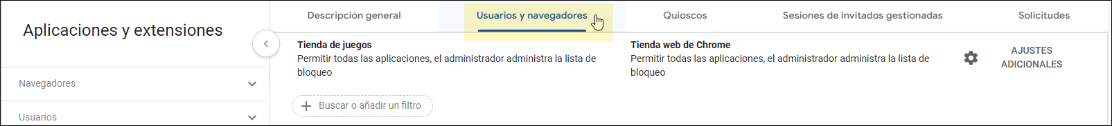 Consola de administración de Google: Seleccionar usuarios y navegadores