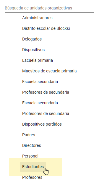 Consola de administración de Google: Seleccionar OU de estudiantes