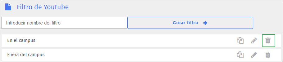 Pantalla de filtro de categorías de YouTube: icono de eliminación