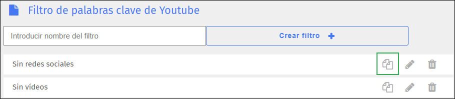 Pantalla de filtro de palabras clave de YouTube: icono duplicado