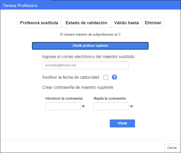 Ventana Agregar profesor sustituto - Agregar profesor