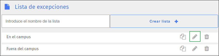Pantalla de lista de excepciones: icono de edición