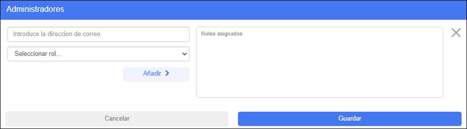 Pantalla de administradores y roles: campos de administrador