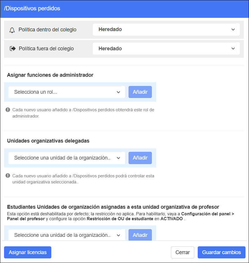 Pantalla de unidad organizativa de Google Workspace: Asignar licencias