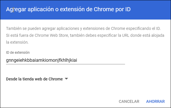 Consola de administración de Google: ventana para agregar una aplicación o extensión de Chrome mediante ID