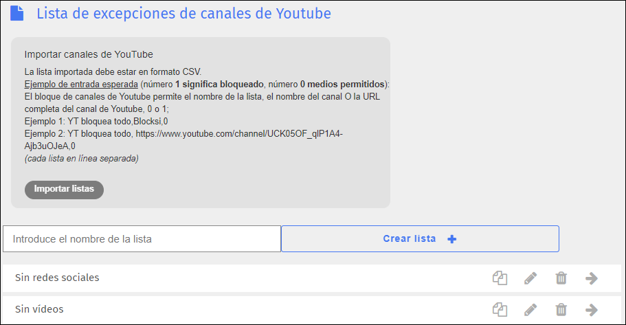 Pantalla de lista de excepciones de canales de YouTube