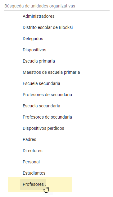 Consola de administración de Google: Seleccionar la unidad organizativa del docente