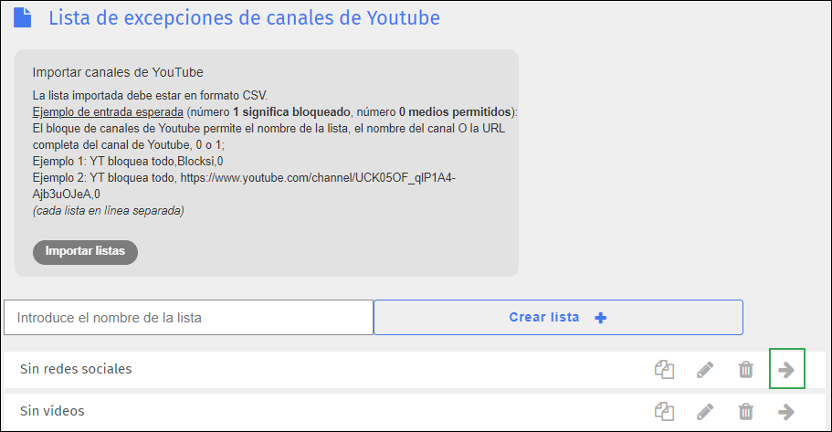 Pantalla de lista de excepciones de canales de YouTube: icono de exportación