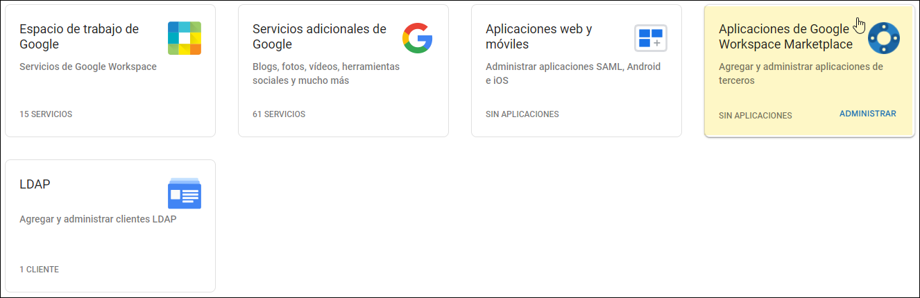 Consola de administración de Google: seleccione aplicaciones del espacio de trabajo