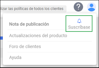 Icono de ayuda de la barra de acciones del administrador: opción de suscripción