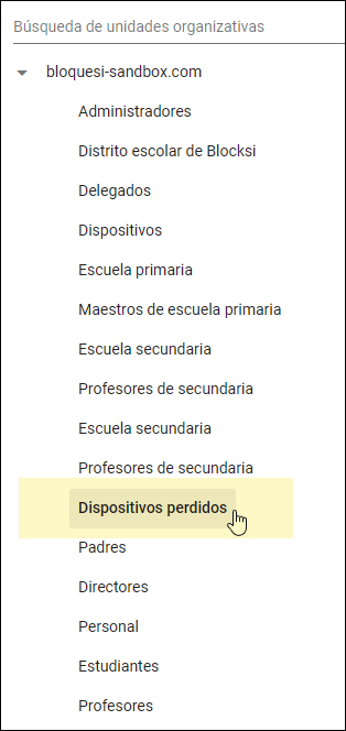 Consola de administración de Google: Seleccionar dispositivos perdidos