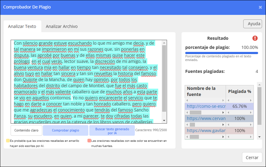 Pantalla de verificación de plagio: fuentes plagiadas