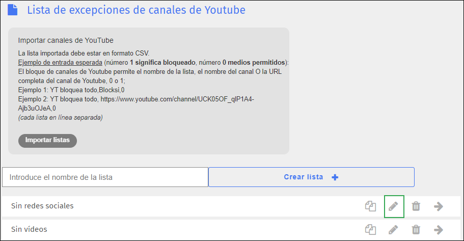 Pantalla de lista de excepciones de canales de YouTube: icono de edición