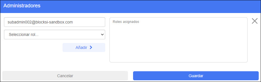 Pantalla de administradores y roles: editar campos de administrador