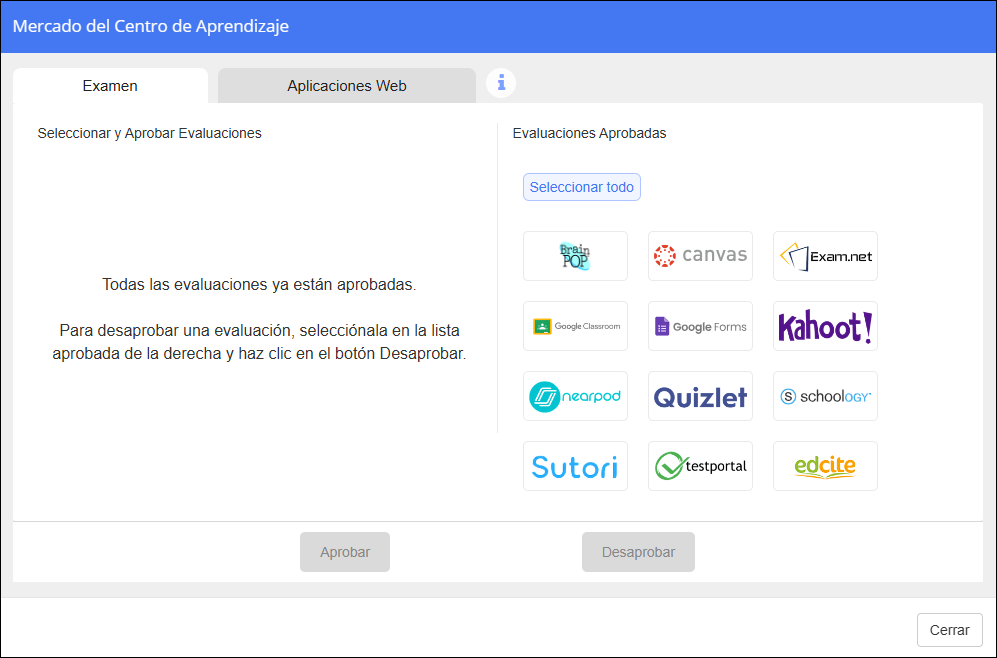 Pestaña de evaluación del centro de aprendizaje Marketplace