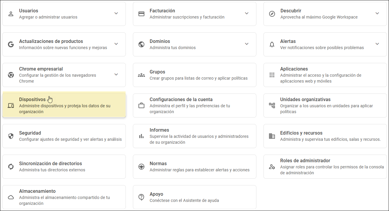 Consola de administración de Google: seleccionar dispositivos