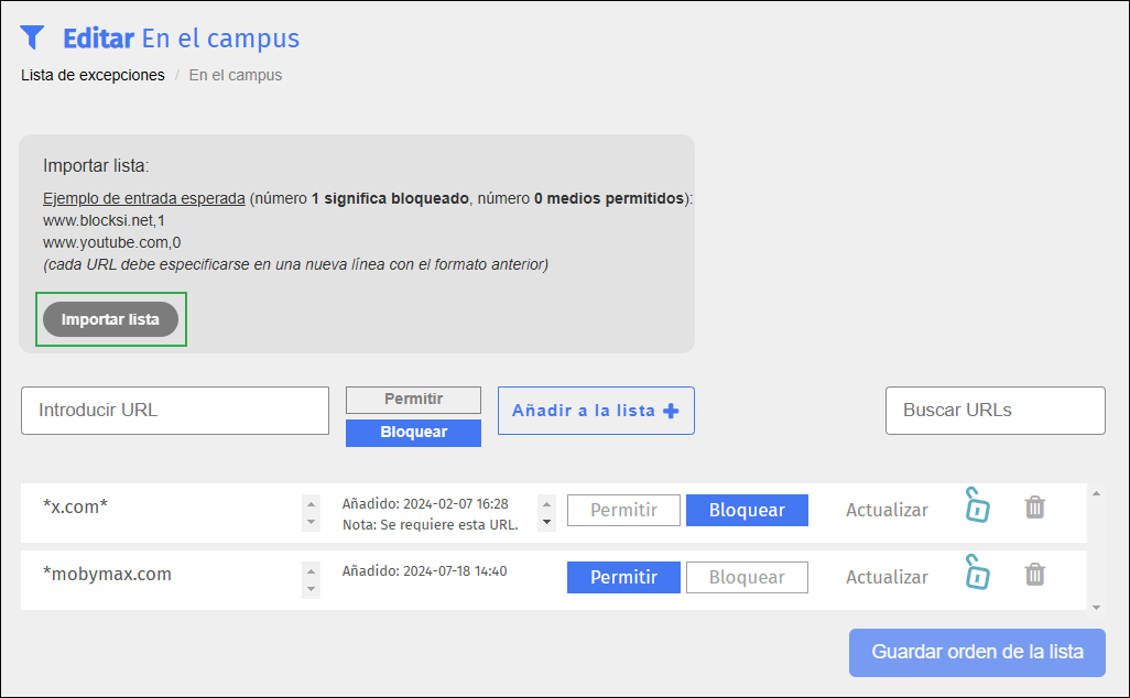 Pantalla de edición de lista de excepciones: botón Importar URL