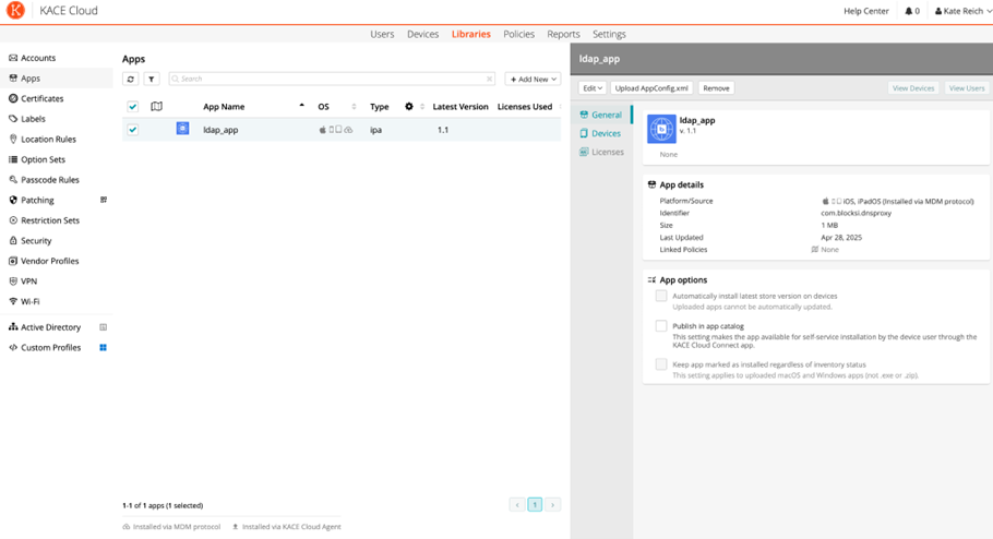 Pantalla de aplicaciones de KACE Cloud