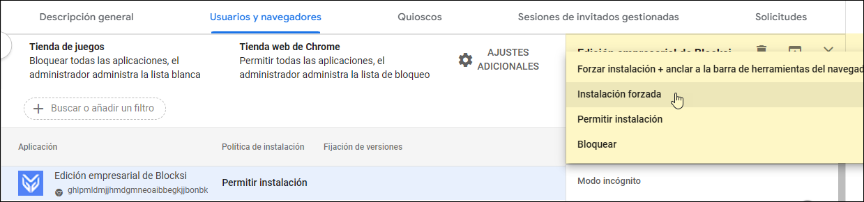 Consola de administración de Google: instalación forzada