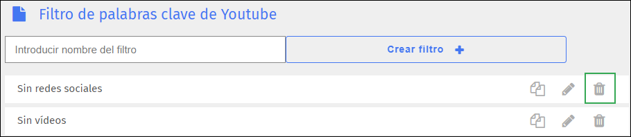 Pantalla de filtro de palabras clave de YouTube: icono de eliminación