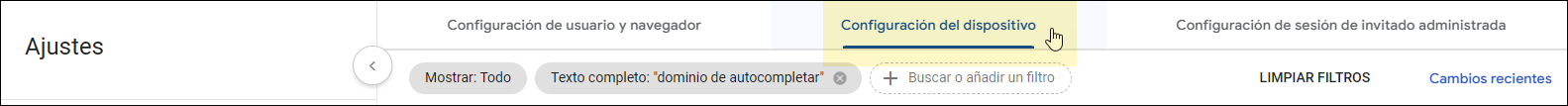 Consola de administración de Google: seleccione Configuración del dispositivo