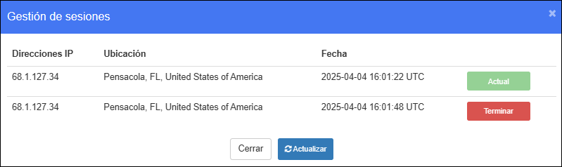 Ventana de administración de sesiones