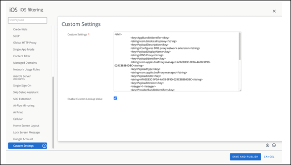 Configuración personalizada de filtrado de iOS