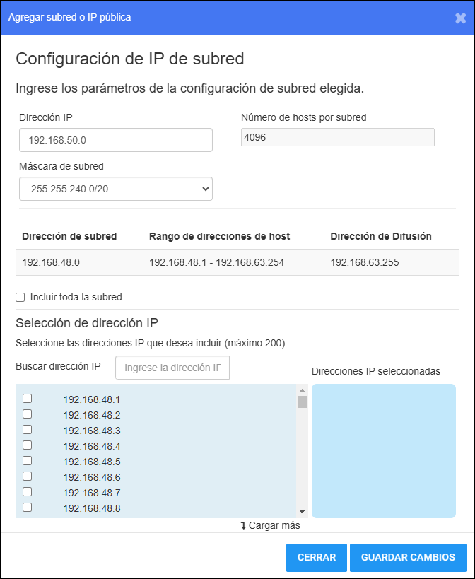 Agregar campos de ventana de subred o IP pública