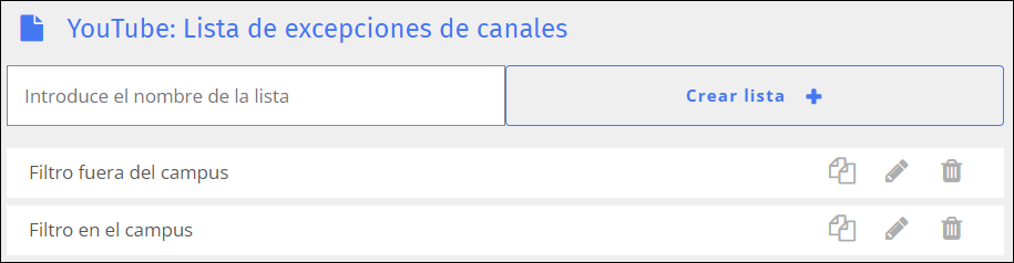 Pantalla de lista de excepciones de canales de YouTube