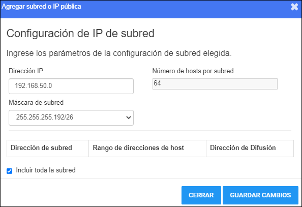 Ventana Agregar subred o IP pública