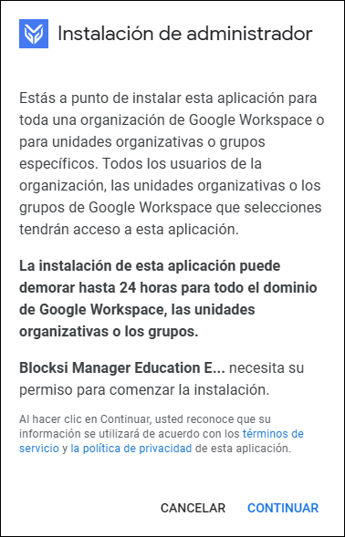 Google Workspace Marketplace: continuar con la instalación del administrador