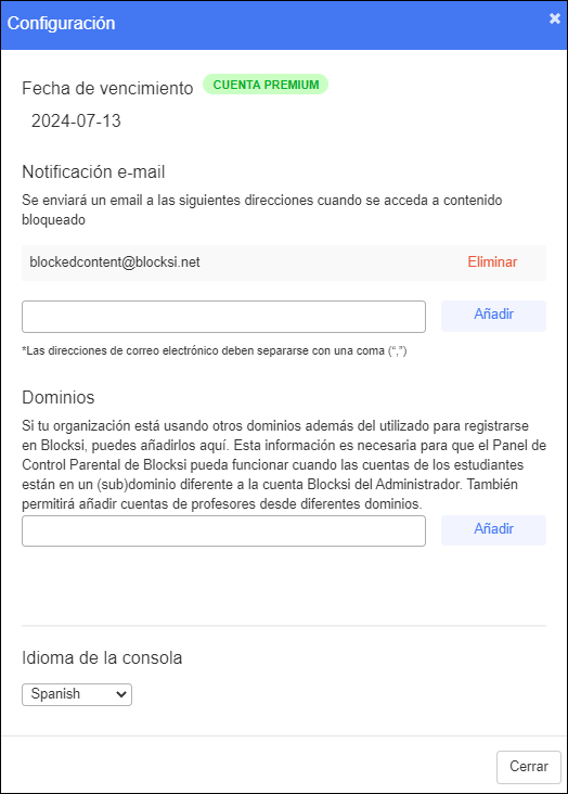 Ventana de configuración del panel de administración: notificación por correo electrónico seleccionada