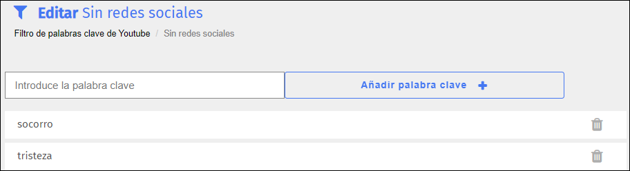 Pantalla de edición del filtro de palabras clave de YouTube