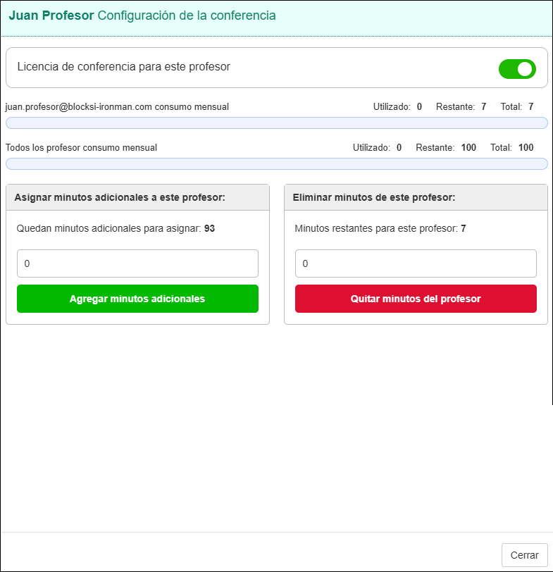 Configuración de la conferencia de profesores: agregar o quitar minutos de la ventana de cada profesor