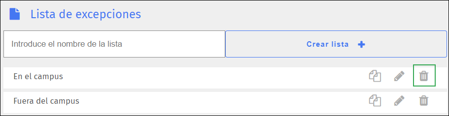 Pantalla de lista de excepciones: icono de eliminación