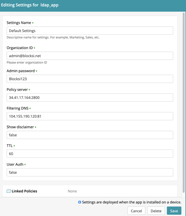 Ventana de configuración de la aplicación LDAP
