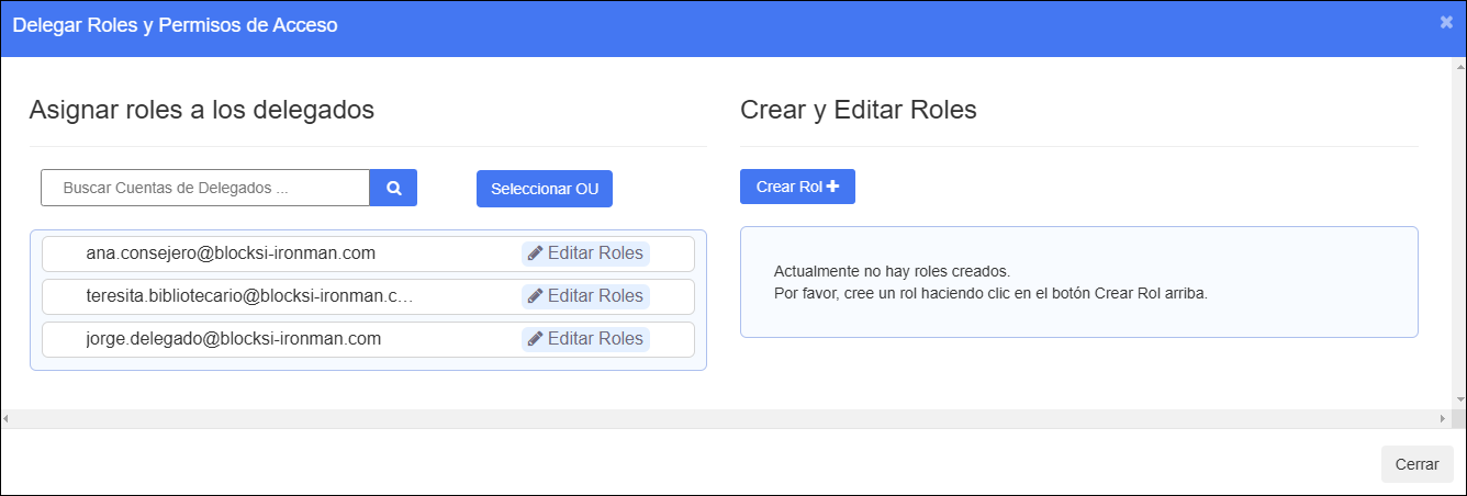 Ventana de delegado de roles y permisos de acceso